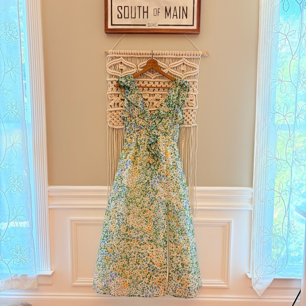 ZARA Floral Chiffon Midi Dress Green Yellow Ruffle Slit Size Small Romantic EUC - Picture 2 of 11
